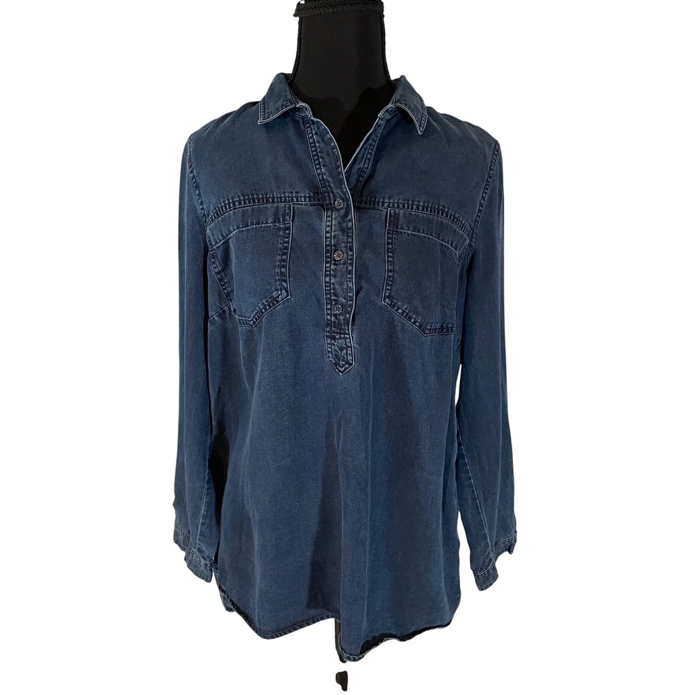 Soft Surroundings Tencel Lyocell Denim Tunic Top Navy Blue‎ Roll Tab Sm Casual